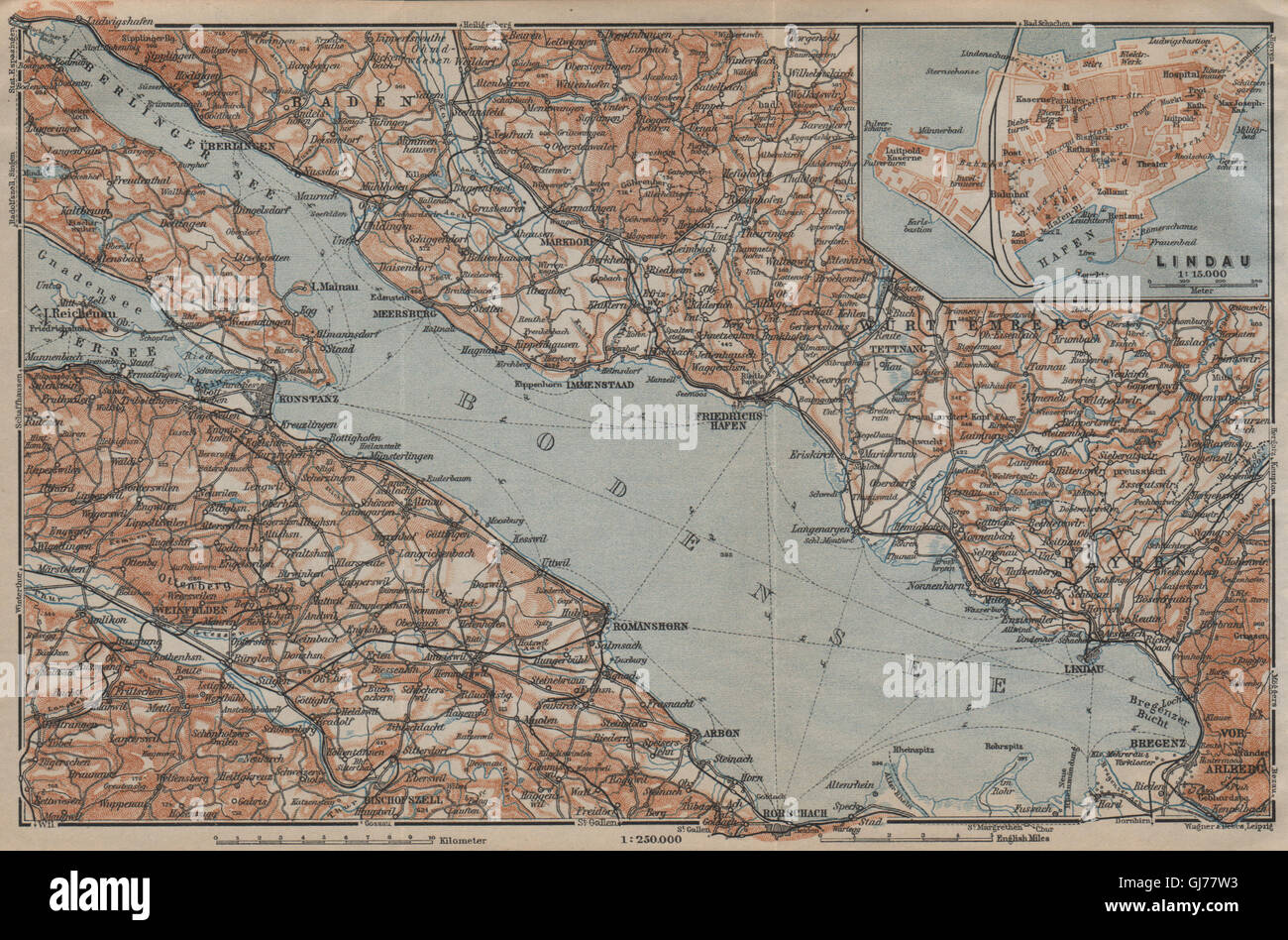 Il lago di Costanza inset Lindau. Konstanz St Gallen Bregenz. Topo-map, 1920 Foto Stock