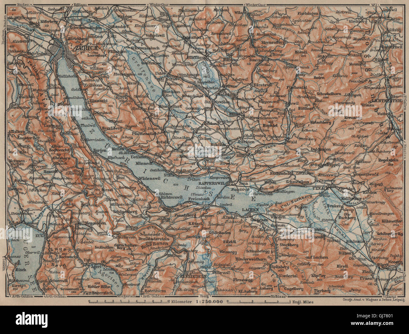 Il lago di Zurigo. Vedere Zuricher Lachen Utznach.topo-map. La Svizzera Schweiz, 1920 Foto Stock