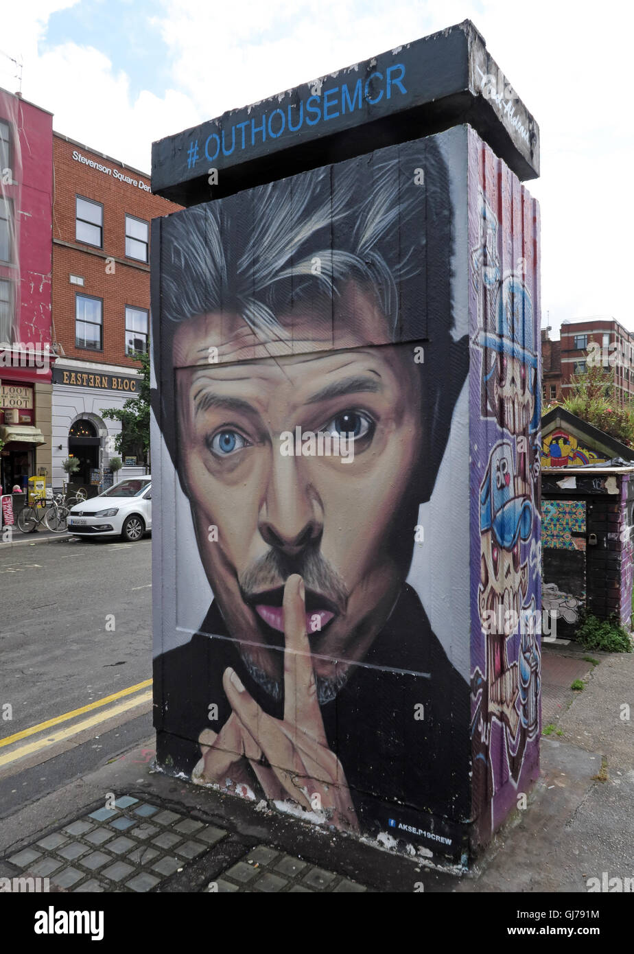Northern Quarter Arte in Piazza Stevenson Manchester, Regno Unito - Parete Graffiti Agosto 2016 da AKSE OUTHOUSEMCR Foto Stock