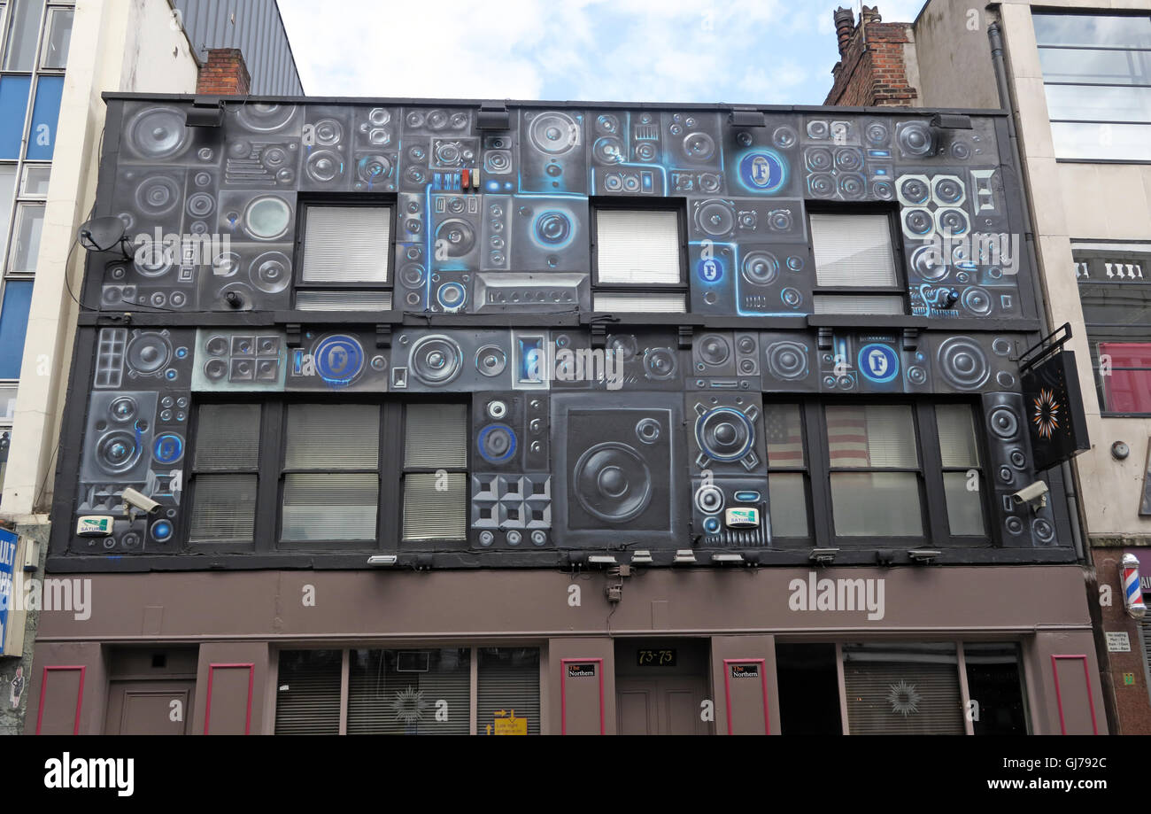HiFi negozio anteriore, Northern Quarter Artwork, NQ, Manchester North West England, Regno Unito, M1 1JR Foto Stock