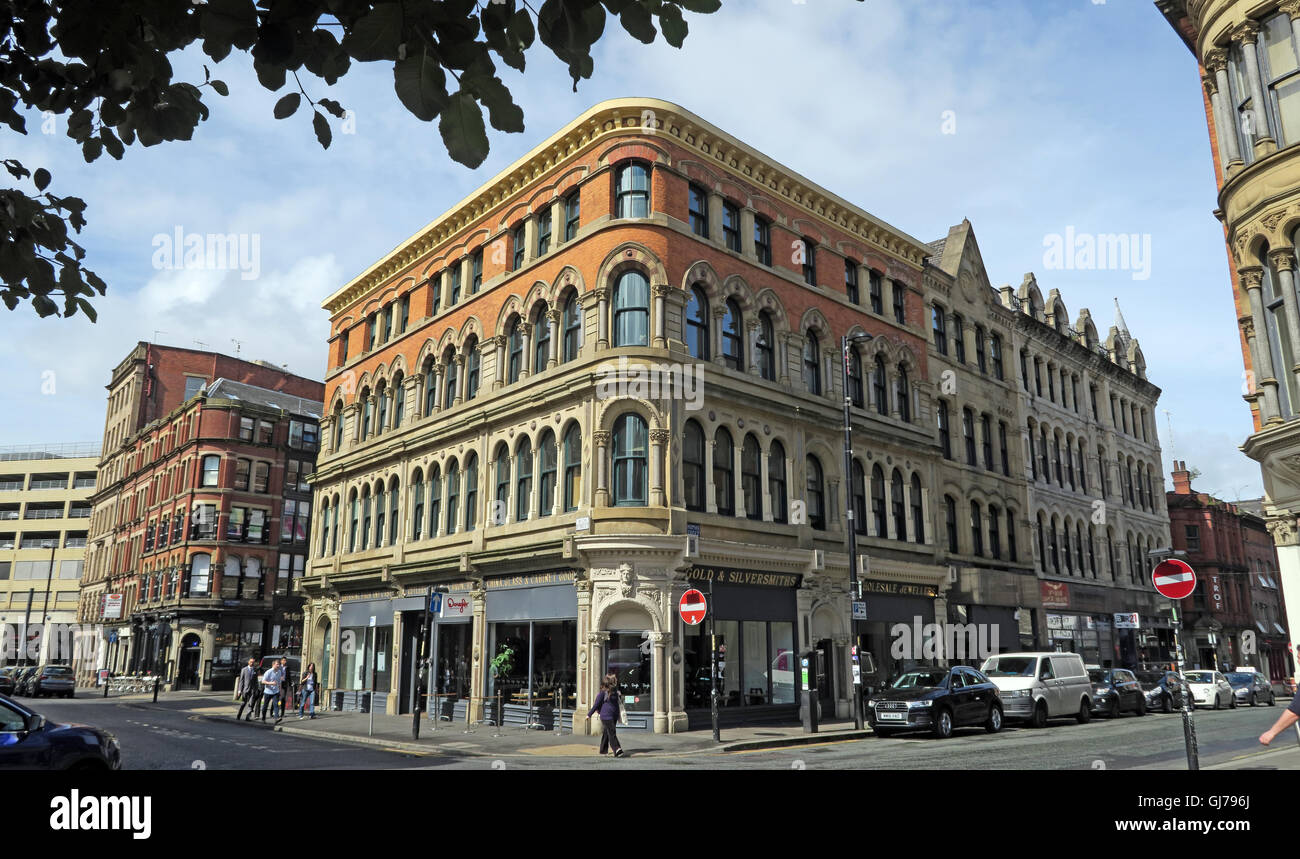 Vecchio orafi e argentieri shop edificio, alto e St Thomas St Manchester, Inghilterra, M4 1UE Foto Stock