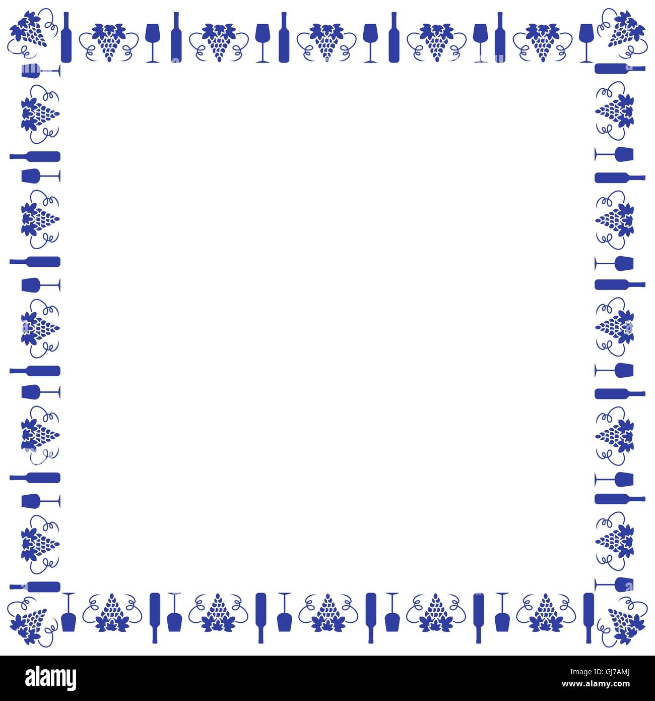 Carino telaio realizzato colorati di grappolo di uva, bottiglia di vino, di vetro disposto in un quadrato su sfondo bianco Illustrazione Vettoriale