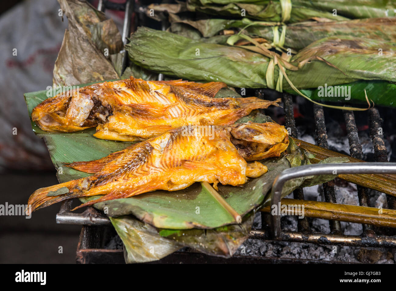 Grigliate di pesce in un mercato locale in Coca, la città di gateway per le Amazzoni, Ecuador, Sud America. Foto Stock