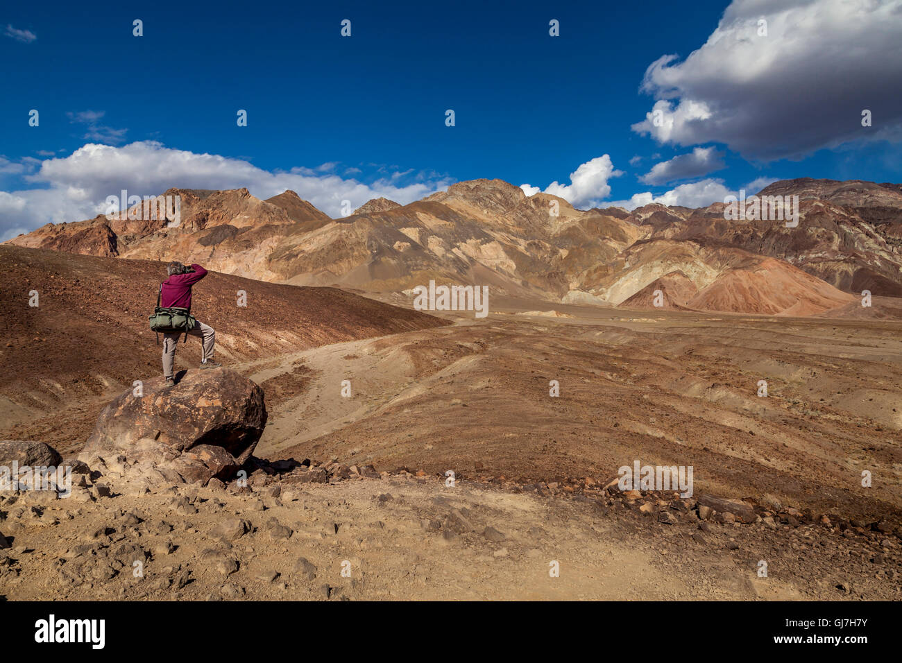 Uomo di fotografare le rocce sedimentarie vulcaniche sulle colline vicino a artista della tavolozza, Parco Nazionale della Valle della Morte, CALIFORNIA, STATI UNITI D'AMERICA Foto Stock