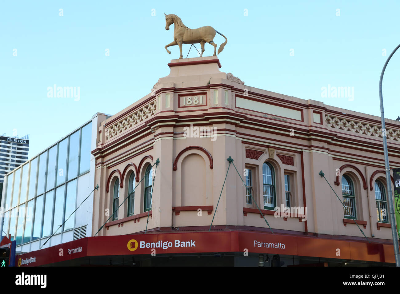 Bendigo Bank nell'angolo di Macquarie Street e Church Street, Parramatta. Foto Stock