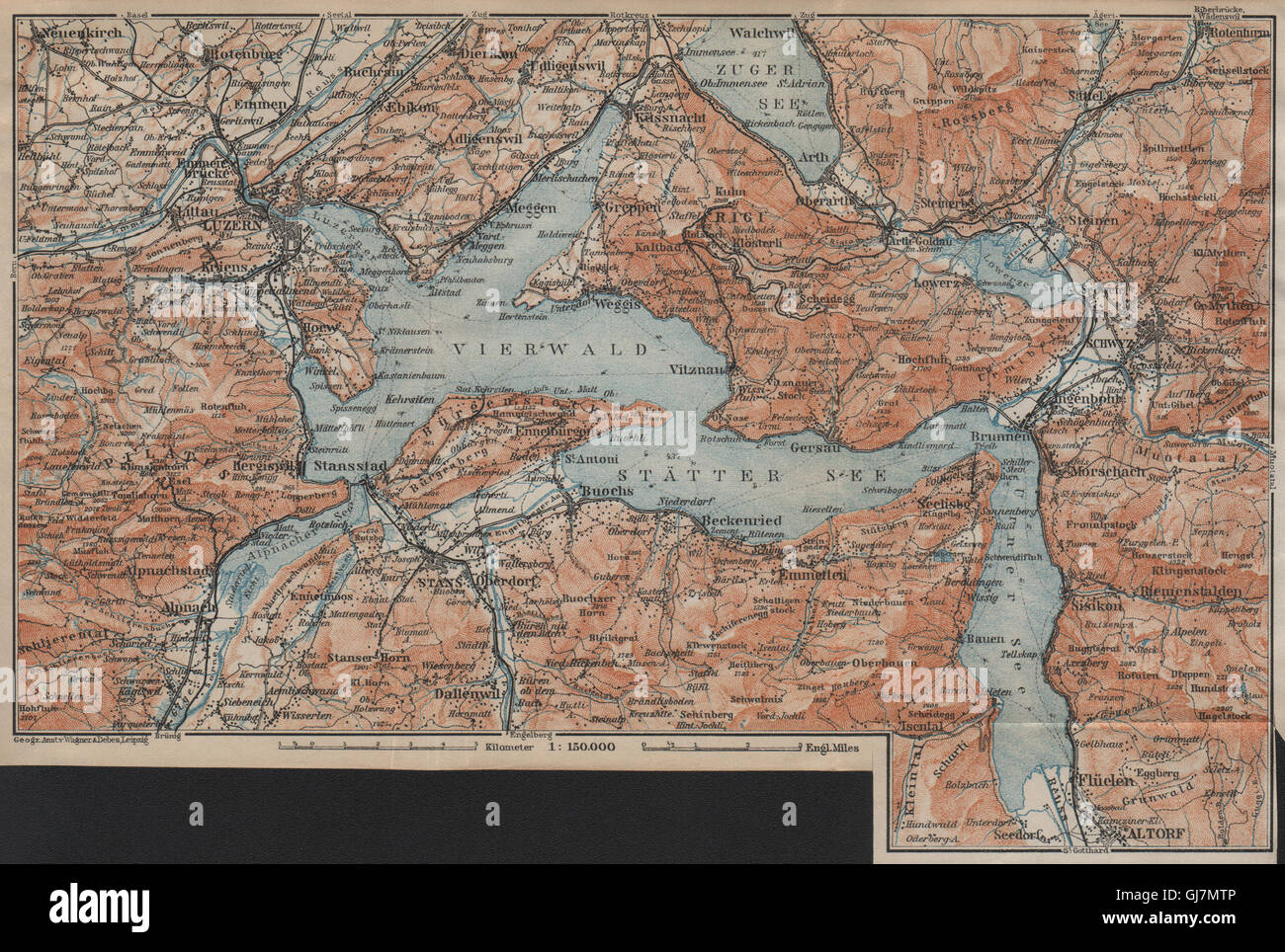 Il lago di Lucerna Vierwaldstättersee. Luzern Stans Weggis Brunnen Svitto, 1920 Mappa Foto Stock