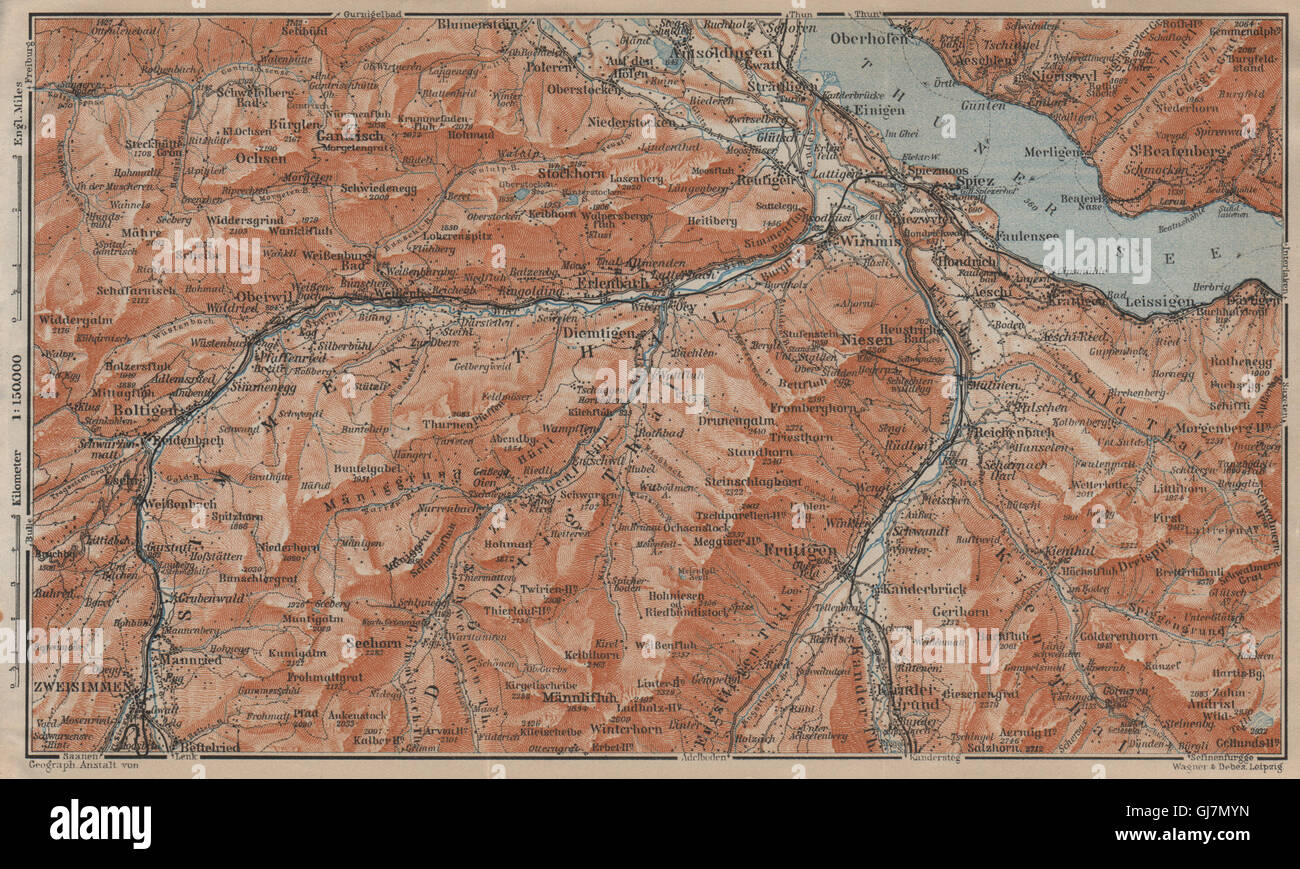 THUNER vedere. SIMME/KANDER valli. Gantrisch Spiez Frutigen Oberwil, 1920 Mappa Foto Stock