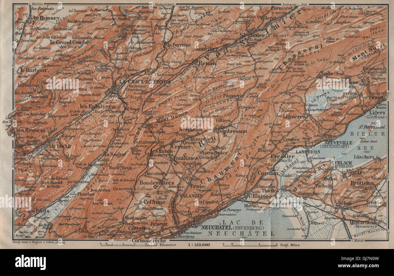 A nord-ovest del Giura. Neuchâtel La Chaux de Fonds Neuveville. Topo-map, 1920 Foto Stock