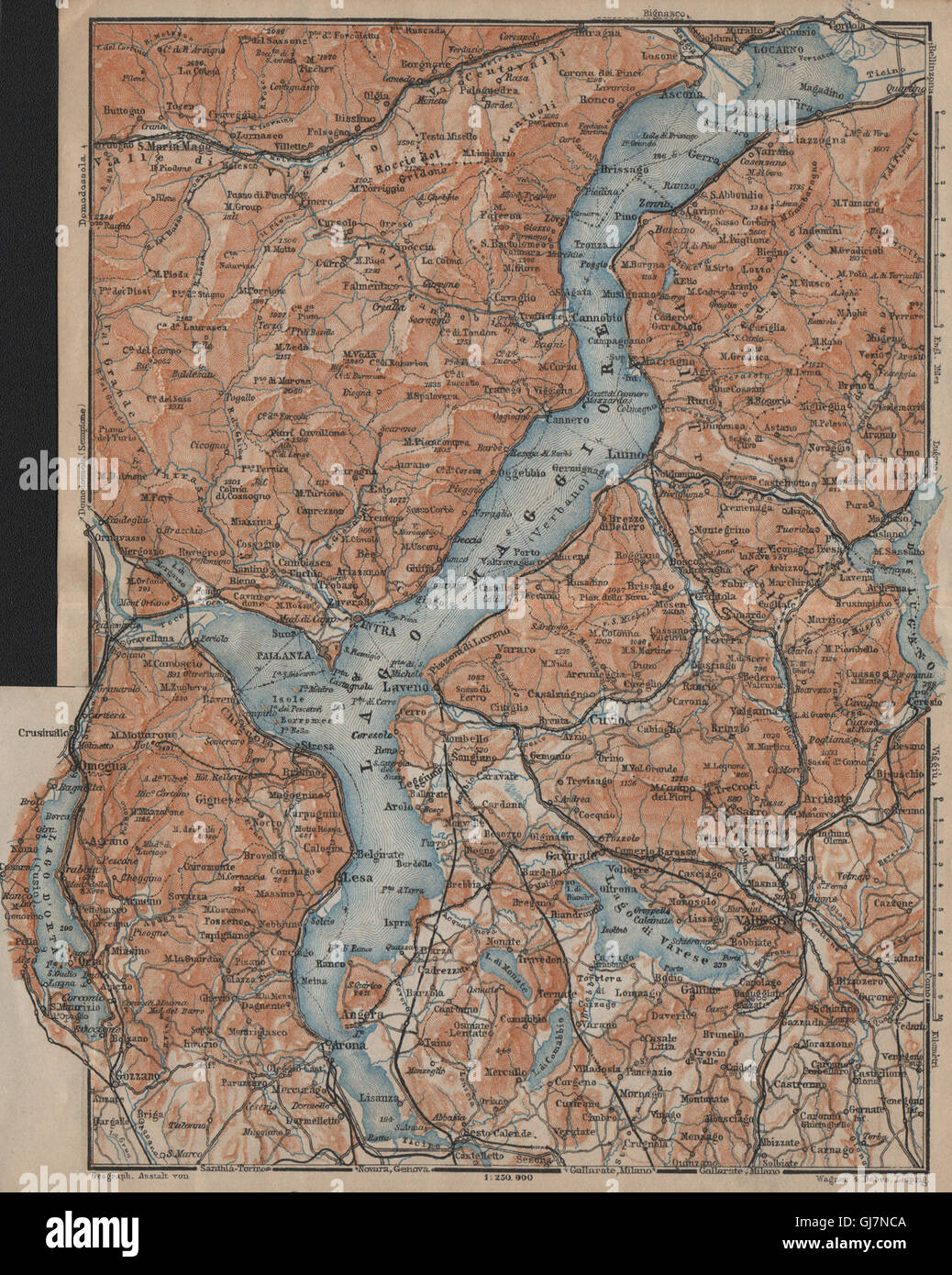 Il LAGO MAGGIORE. Il Lago Maggiore. Varese Varesa Pallanza. Topo-map. L'Italia, 1920 Foto Stock