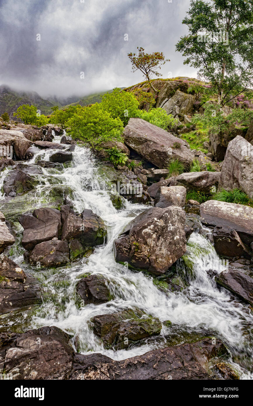 Cascata accanto alla pista di Llyn Idwal nel Parco Nazionale di Snowdonia, Gwynedd, Wales, Regno Unito. Foto Stock
