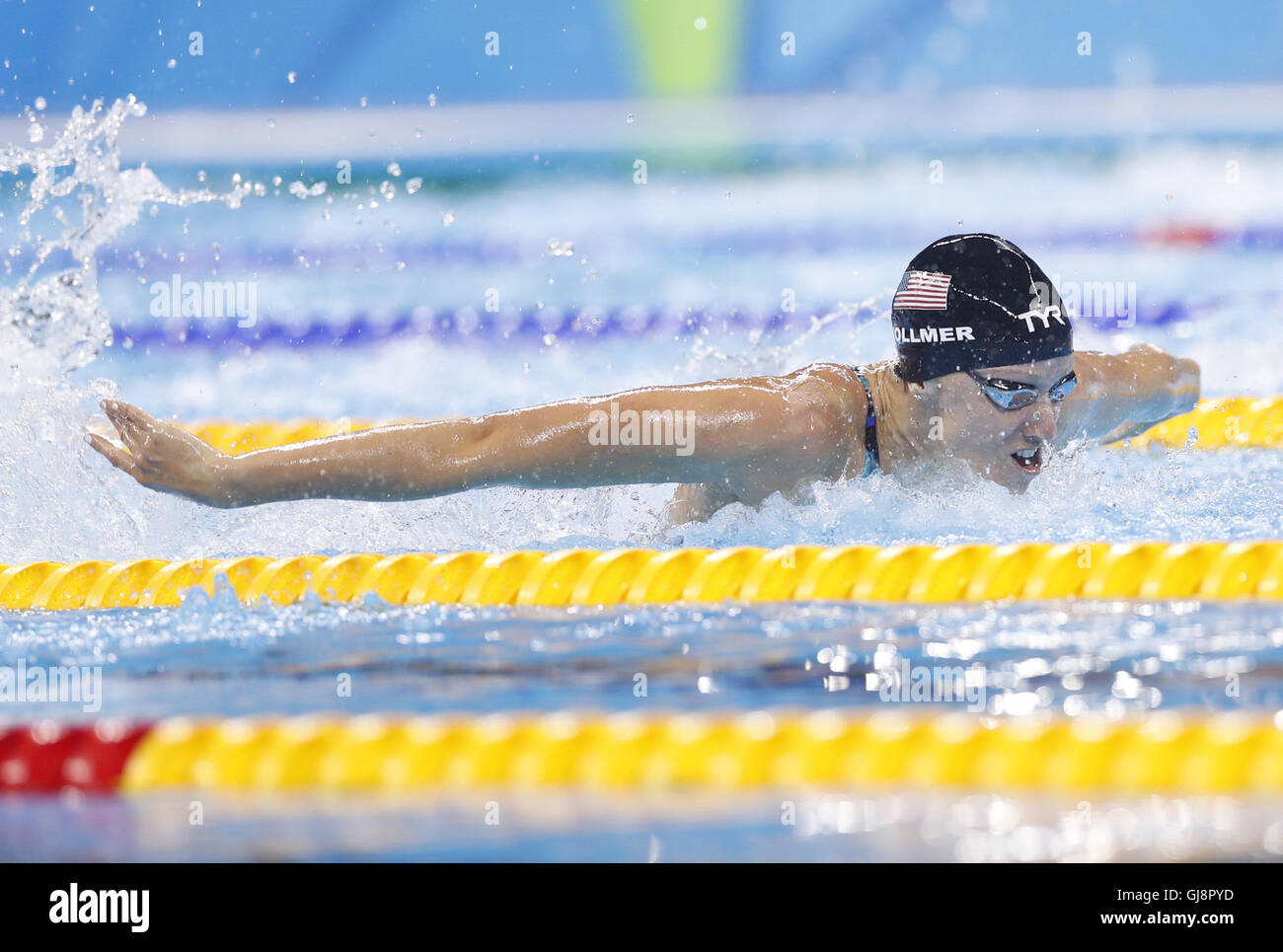 Rio De Janeiro, Brasile. 13 Ago, 2016. Dana Vollmer degli Stati Uniti compete durante la donna 4x100m relè medley finale al 2016 Rio in occasione dei Giochi Olimpici di Rio de Janeiro, Brasile, su agosto 13, 2016. Gli Stati Uniti hanno vinto la medaglia d'oro. Credito: Maohua Fei/Xinhua/Alamy Live News Foto Stock