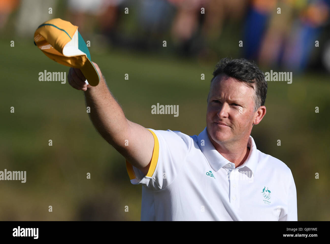 Rio de Janeiro, Brasile. 14 Ago, 2016. Marcus Fraser di Australia in azione durante gli Uomini Individual Stroke Play 4 round di golf eventi durante il Rio 2016 Giochi Olimpici alla Pista olimpica di campo da Golf a Rio de Janeiro, Brasile, 14 agosto 2016. Foto: Soeren Stache/dpa/Alamy Live News Foto Stock