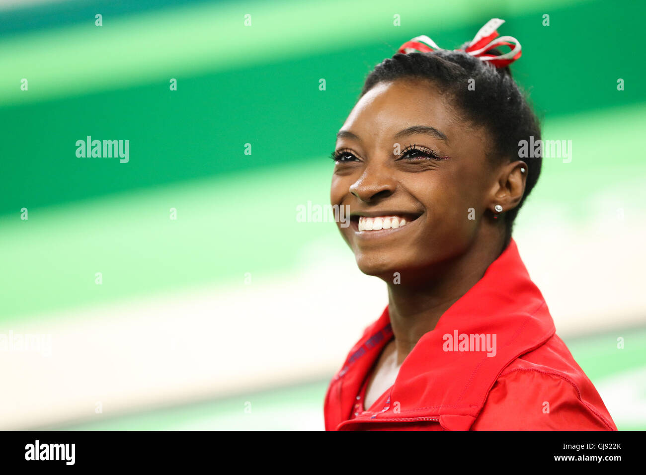 Rio De Janeiro, Brasile. 14 Ago, 2016. Simone Biles degli Stati Uniti d'America reagisce durante le donne del vault finale di ginnastica artistica al 2016 Rio in occasione dei Giochi Olimpici di Rio de Janeiro, Brasile, il 14 agosto 2016. Simone Biles ha vinto la medaglia d'oro. Credito: Zheng Huansong/Xinhua/Alamy Live News Foto Stock