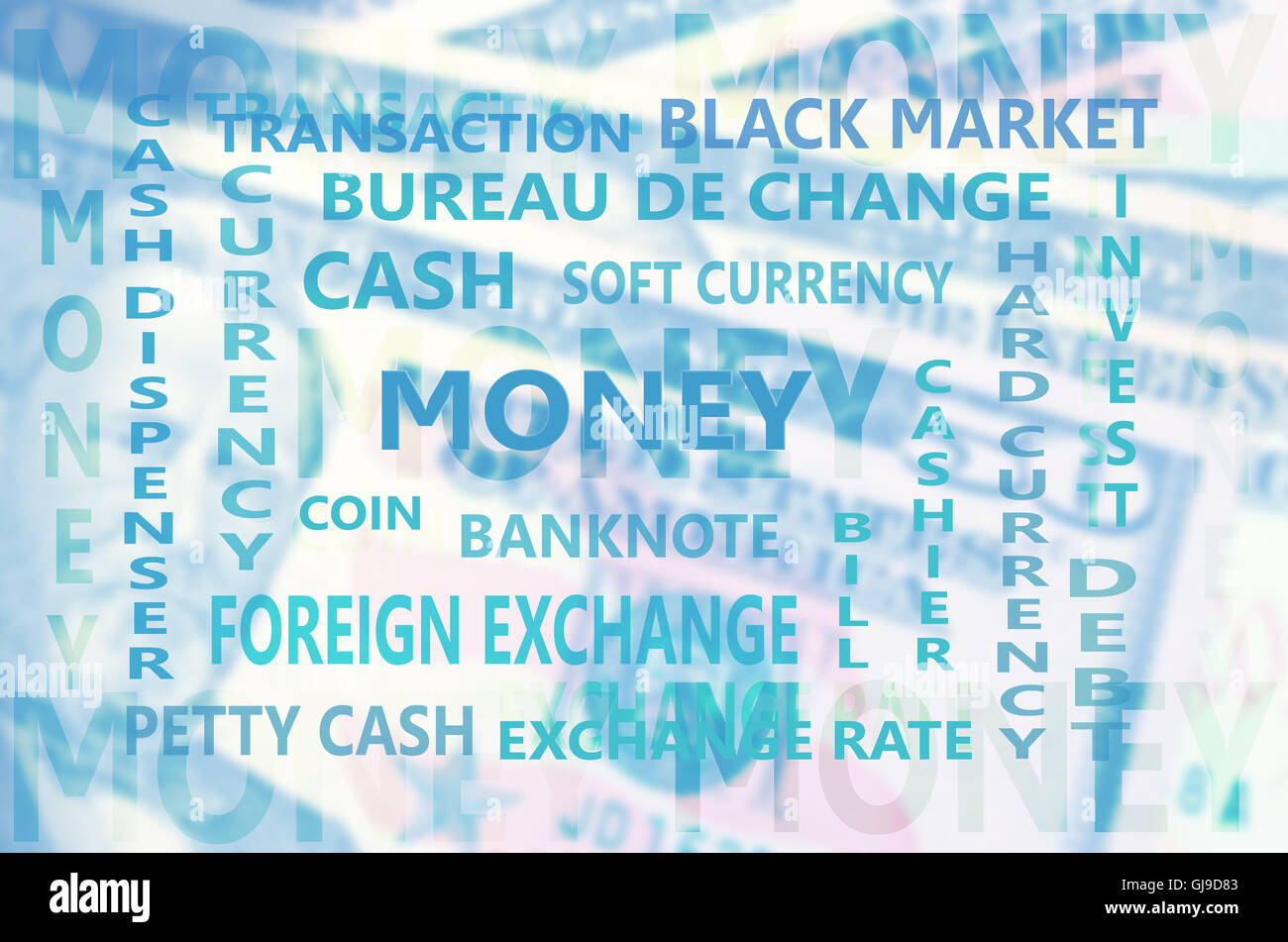 Essenziale termine finanziario sfondo con dollari banconota sullo sfondo della scheda. Foto Stock