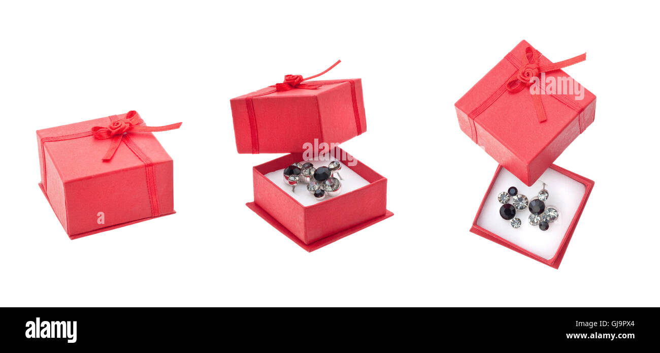Rosso presente casella e orecchini Foto Stock