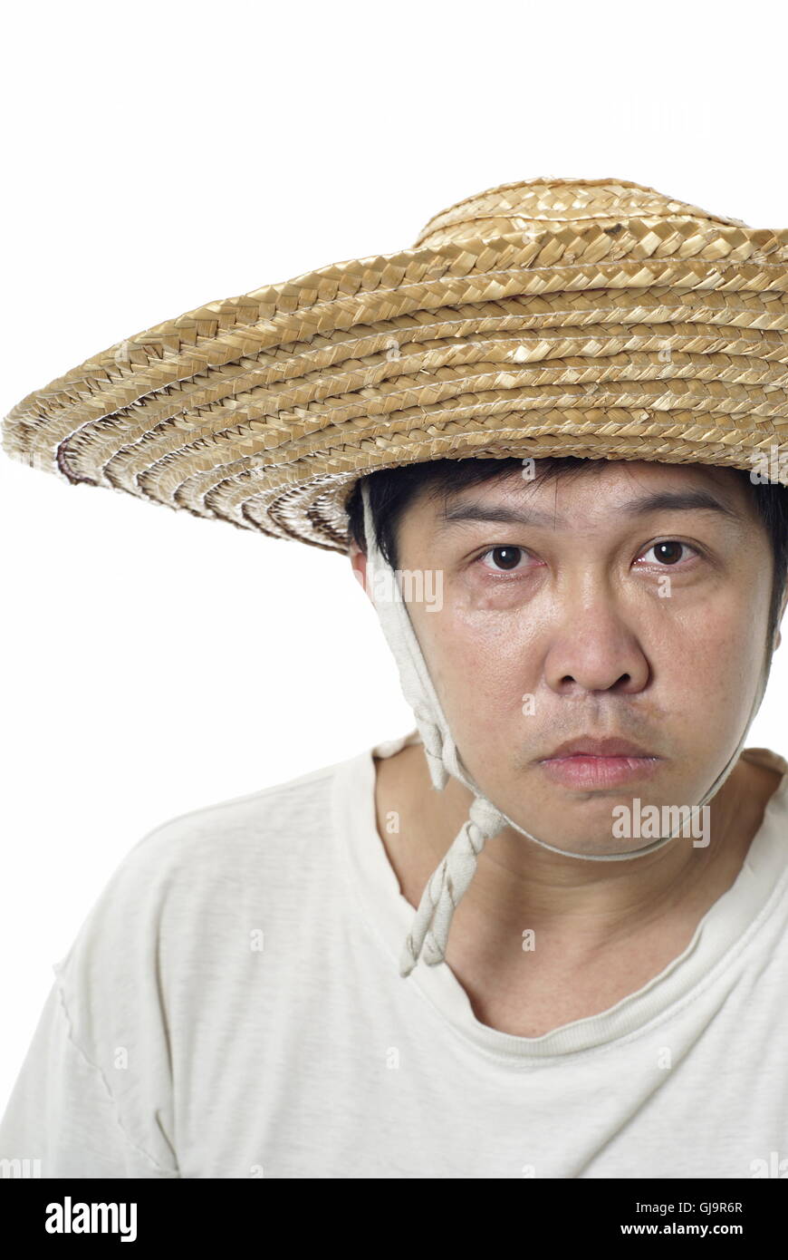 Asian contadino con cappello di paglia Foto Stock