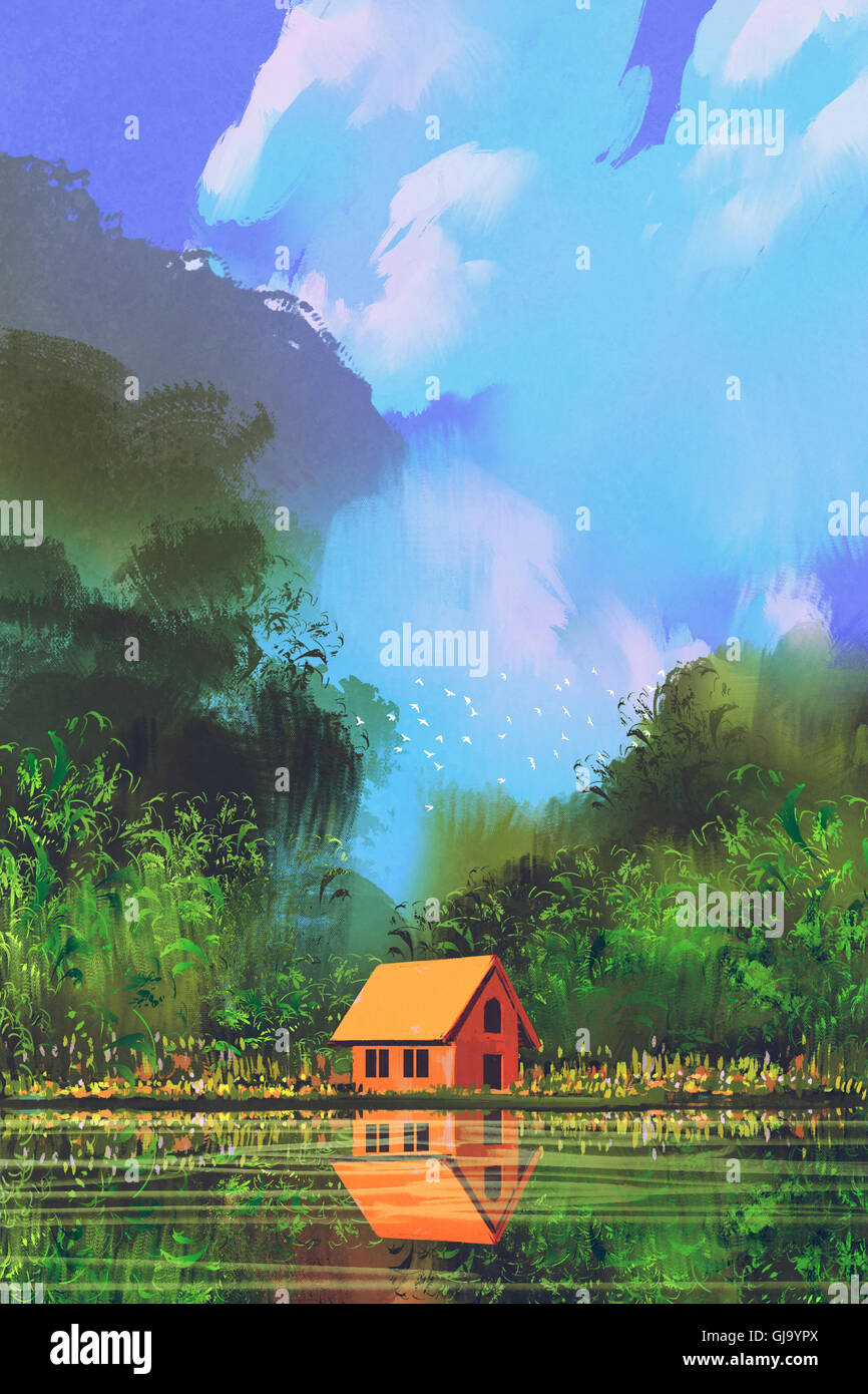 Piccola casa arancione nella foresta sotto il cielo blu, illustrazione pittura Foto Stock