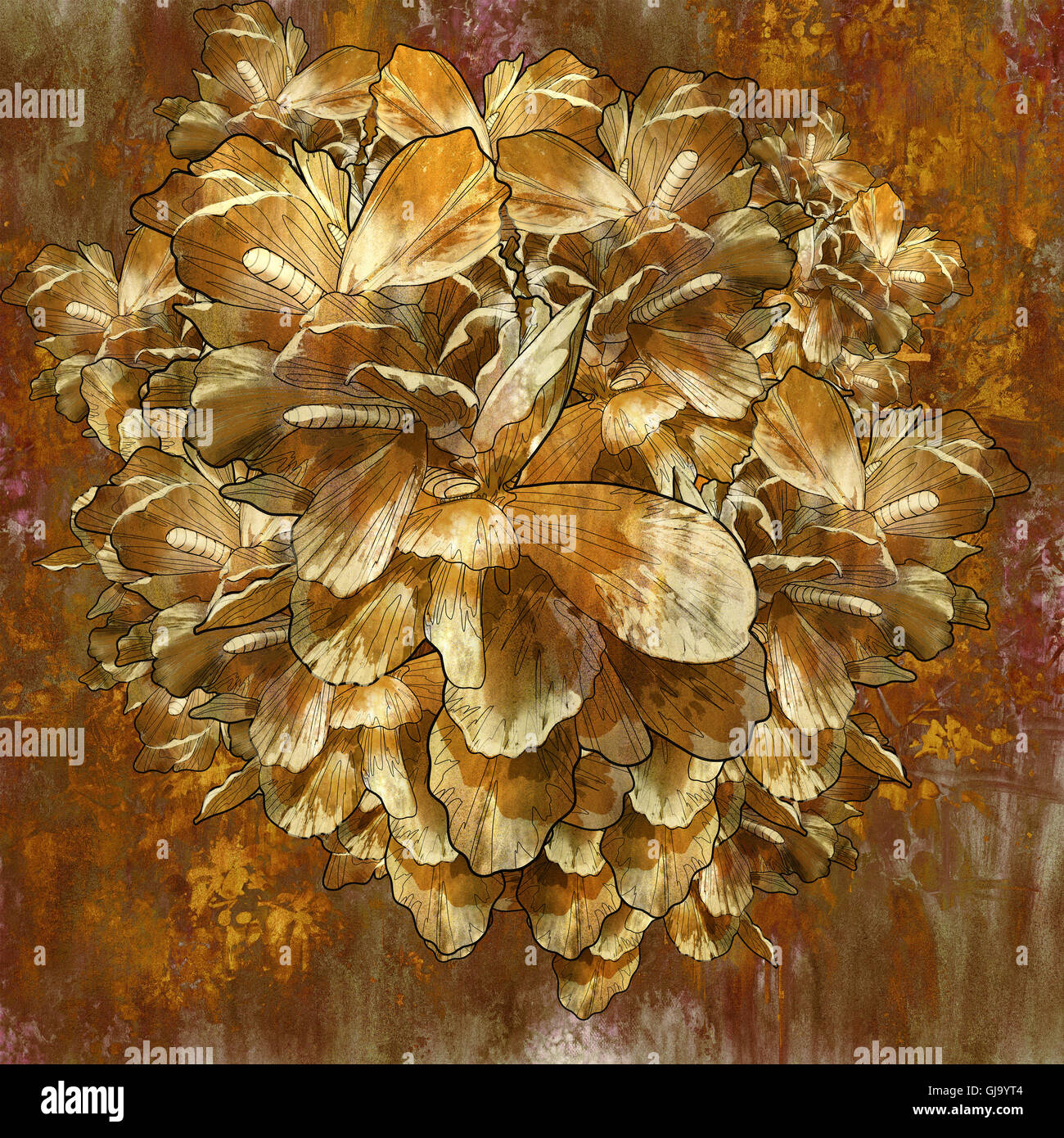 Abstract fiore d'oro con texture grunge in olio stile della pittura, illustrazione Foto Stock