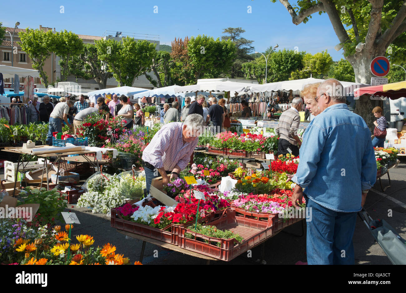 Paio di ispezionare gli impianti di biancheria da letto sul mercato Apt Luberon Provence Francia Foto Stock