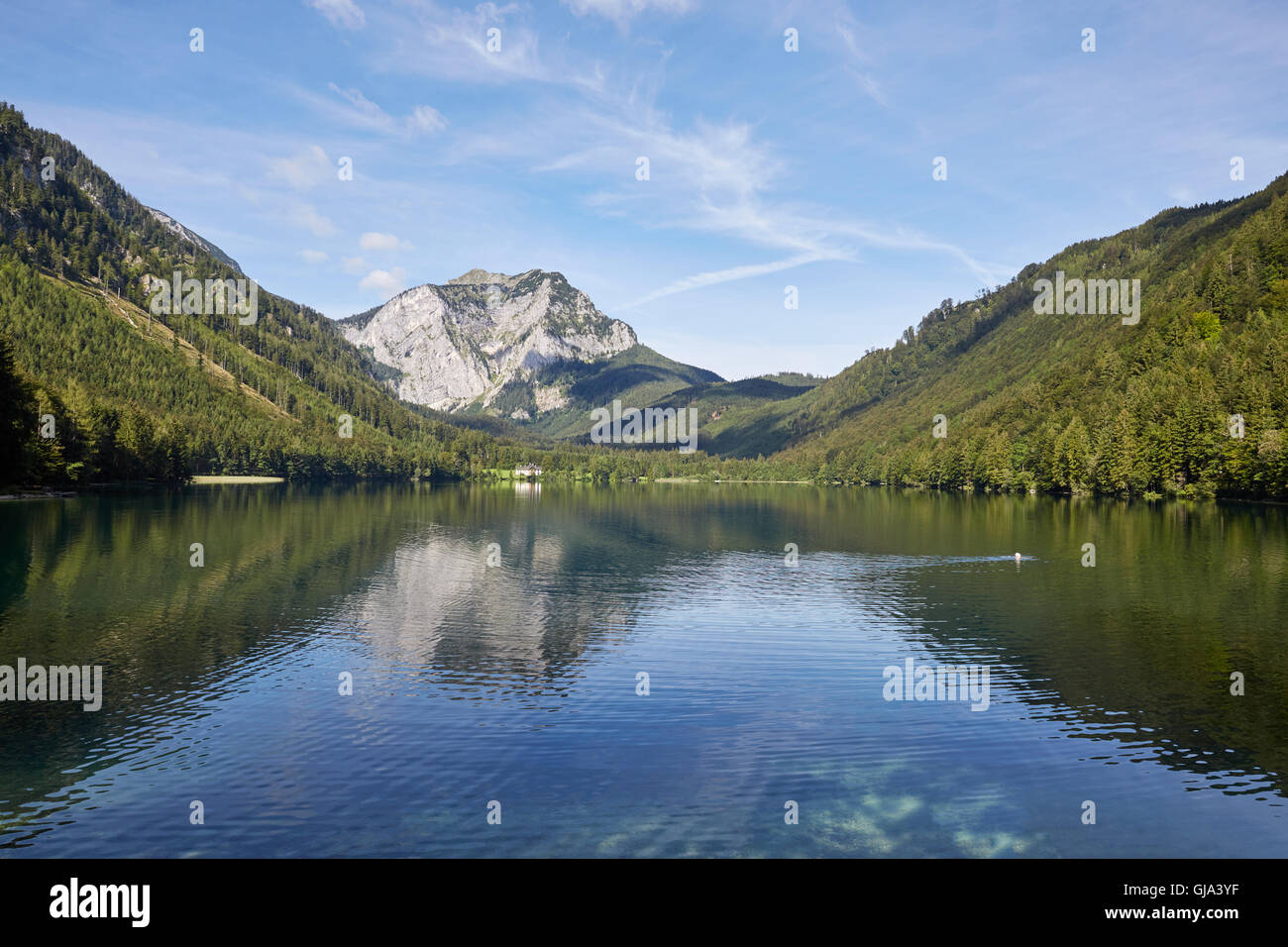 Il lago e le montagne presso il meraviglioso Vorderer Langbathsee nel Salzkammergut, Austria Foto Stock
