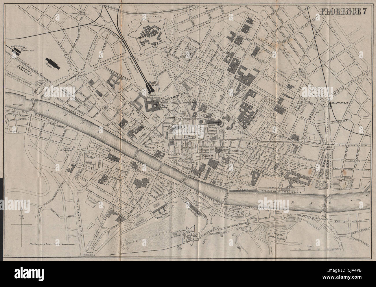 Firenze Firenze. Antica città piano. Mappa della città. L'Italia. BRADSHAW, 1895 Foto Stock