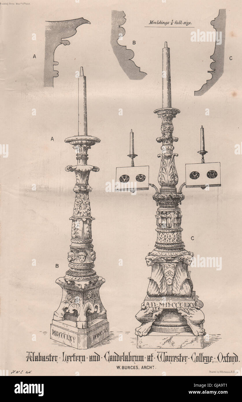 Leggio di alabastro e il candelabro a Worcester College di Oxford, antica stampa 1868 Foto Stock