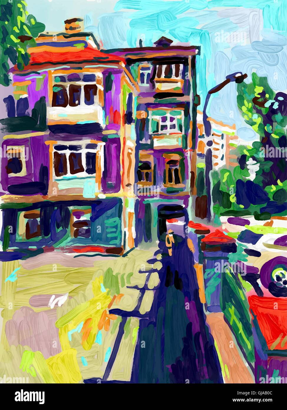 Original en plein air digital pittura ad olio, città vecchia strada in summ Illustrazione Vettoriale