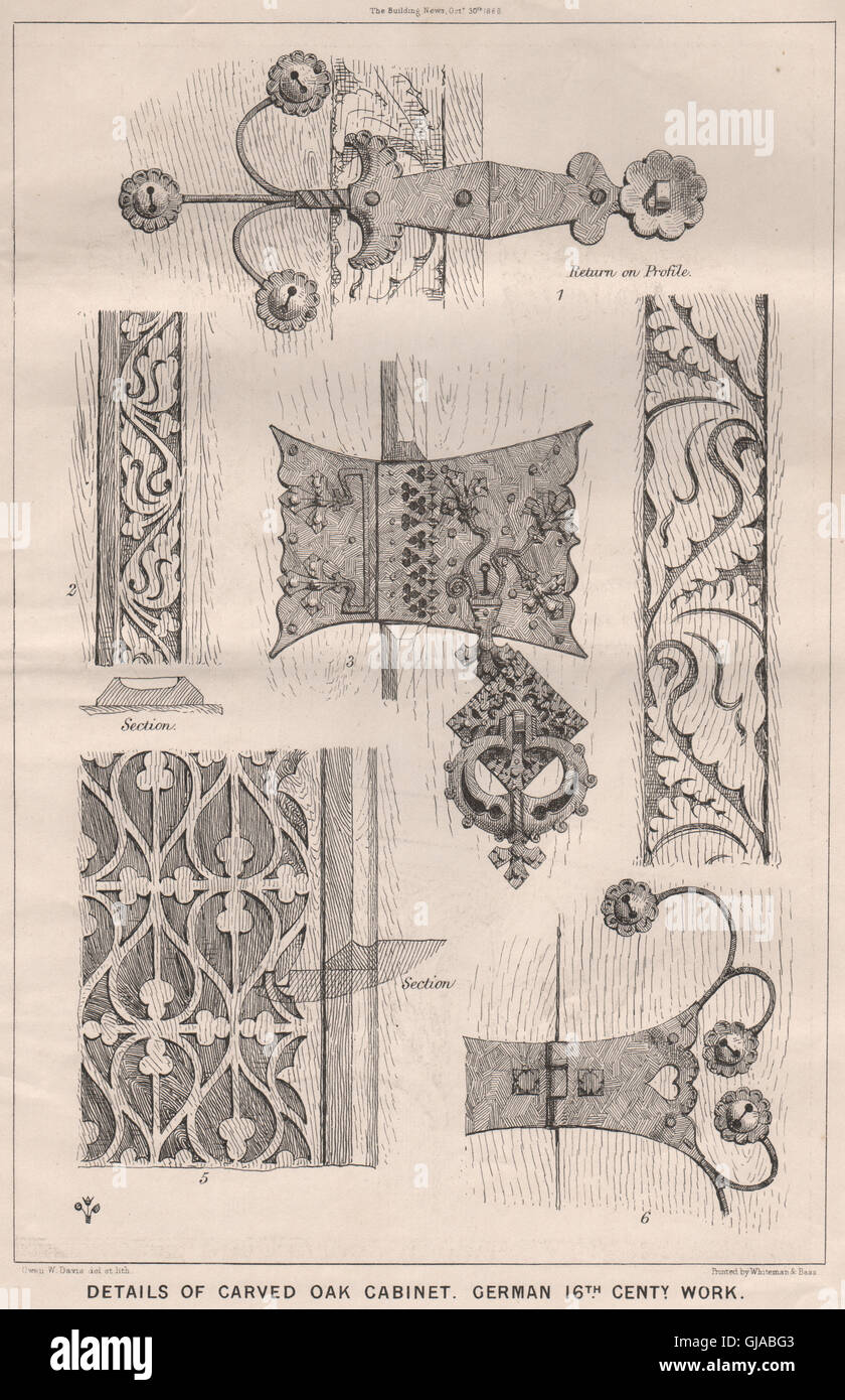 Dettagli della quercia intagliato armadio, Tedesco xvi Centy. Lavoro. Alberi, antica stampa 1868 Foto Stock