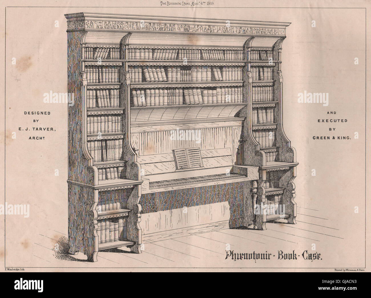 Piano book caso; progettato da E.J. Tarver Archt; & eseguito da verdi & King, 1869 Foto Stock