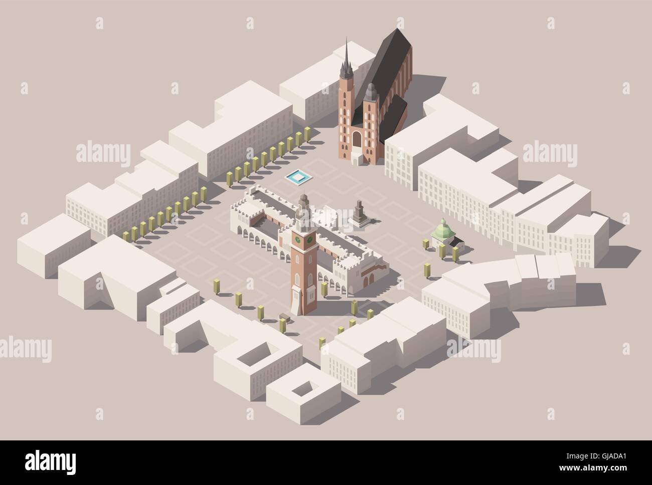 Isometrica del vettore principale Piazza del Mercato di Cracovia in Polonia mappa Illustrazione Vettoriale