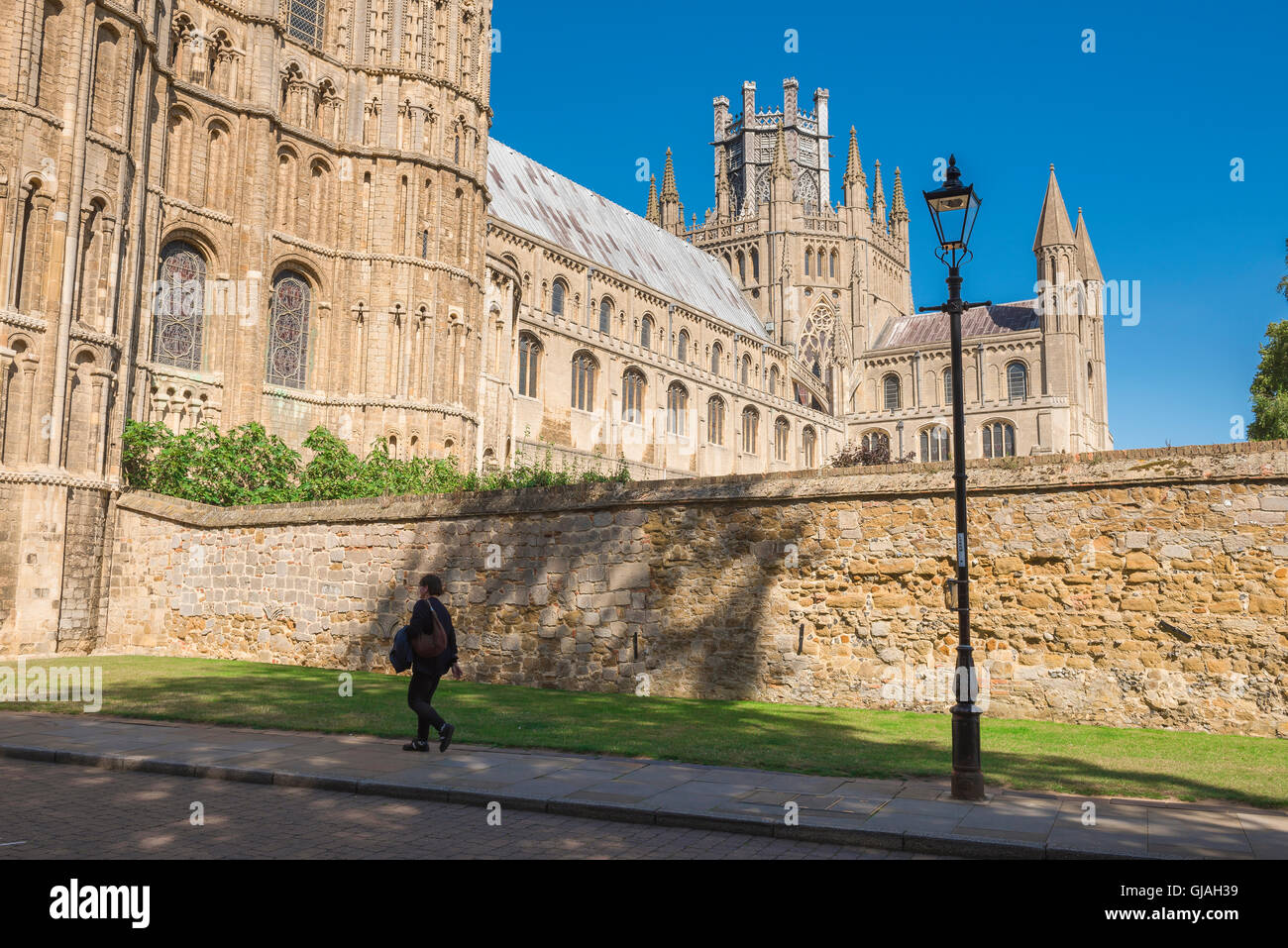 Vista del lato nord della Cattedrale di Ely dalla strada conosciuta come la galleria, Cambridgeshire, England, Regno Unito Foto Stock