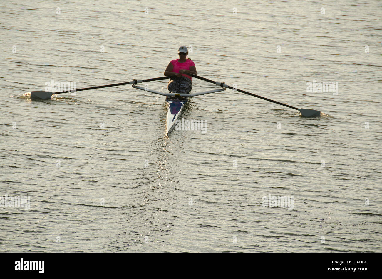 Donna in single scull sul Canale Erie. Foto Stock