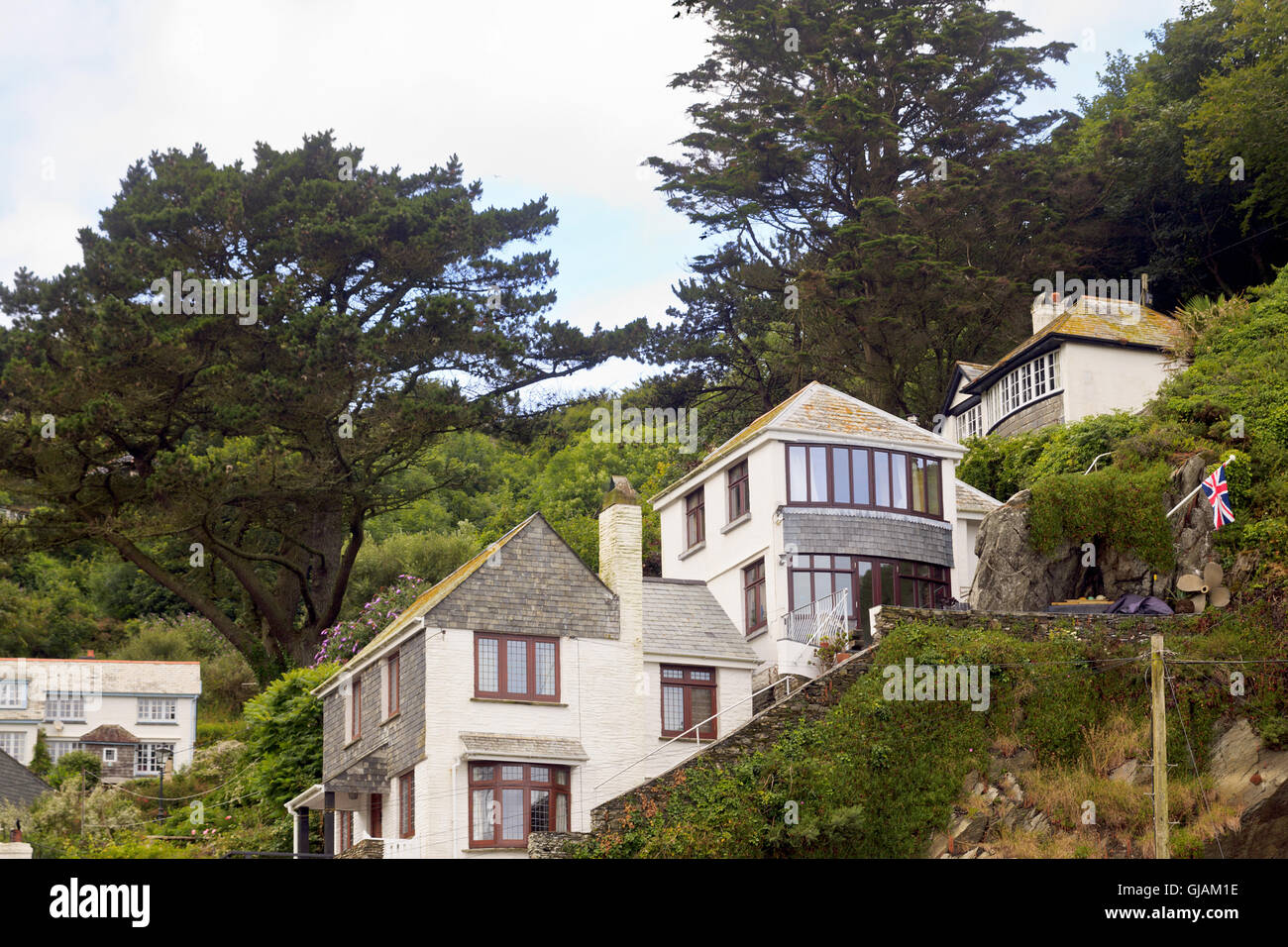 Case su una collina, Polperro, Cornwall Foto Stock