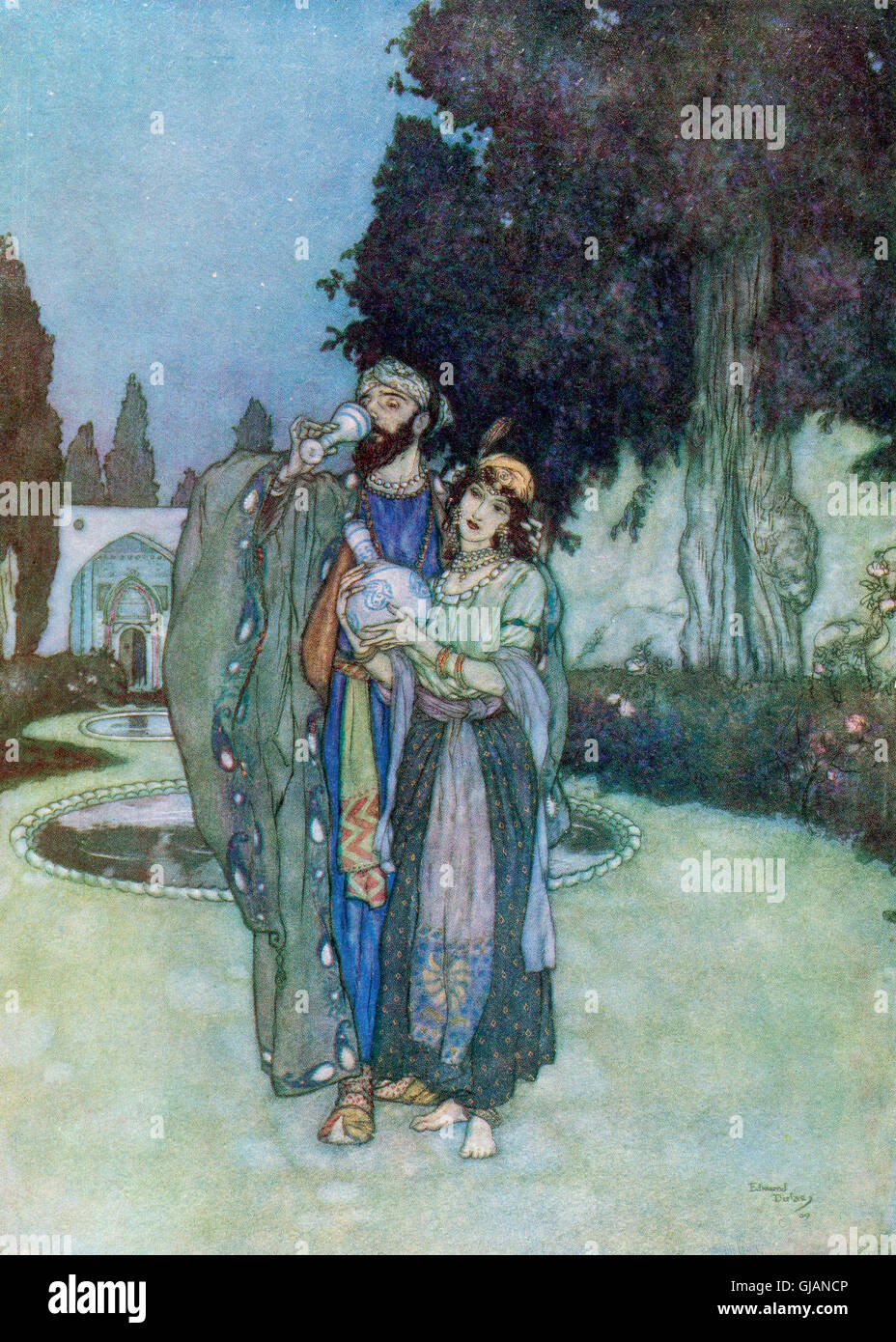 Oh, afflitto non più con umane o divine, domani il groviglio di per sé dimettersi e perdere le dita nel tresses del cipresso-snello Ministro del vino. Illustrazione da Edmund Dulac dal Rubaiyat di Omar Khayyam, pubblicato nel 1909. Foto Stock