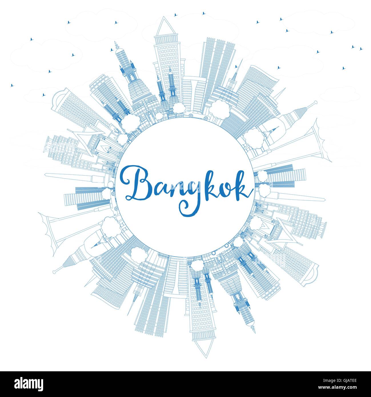 Profilo dello Skyline di Bangkok con punti di riferimento Blu e copia di spazio. Illustrazione Vettoriale. Viaggi di affari e turismo Concept Illustrazione Vettoriale