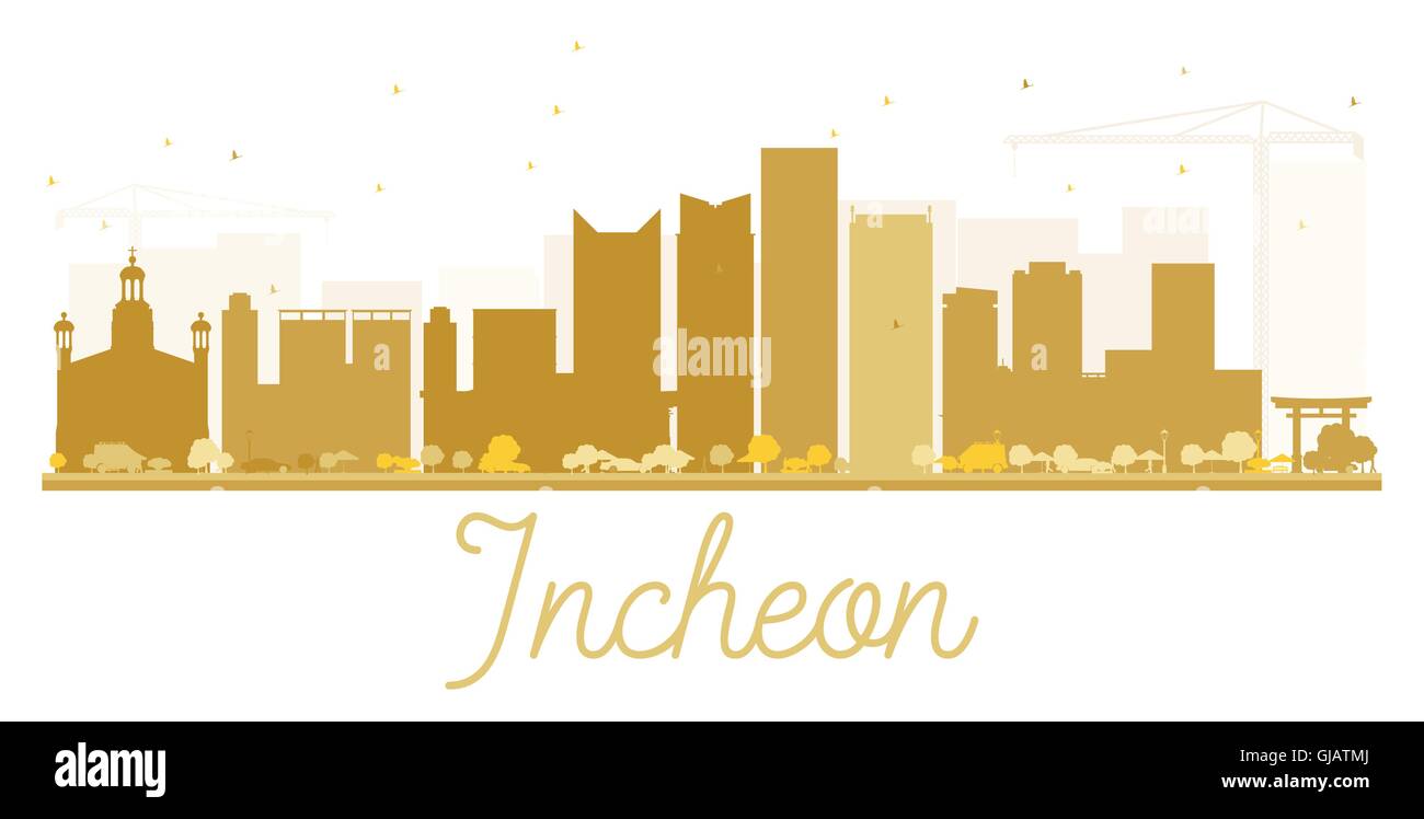 Incheon City skyline golden silhouette. Illustrazione Vettoriale. Piatto semplice concetto per il turismo presentazione, banner, cartellone Illustrazione Vettoriale