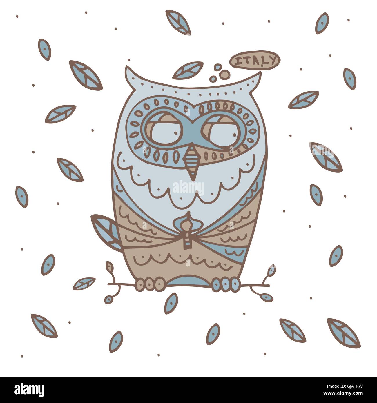 Disegnata a mano Owl con foglie che cadono. Illustrazione Vettoriale. Illustrazione Vettoriale