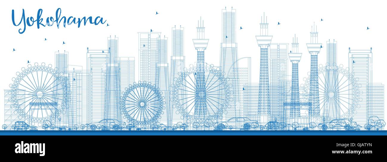 Profilo dello Skyline di Yokohama con edifici blu. Illustrazione Vettoriale. Gli affari e il turismo e concetto con edifici moderni. Illustrazione Vettoriale