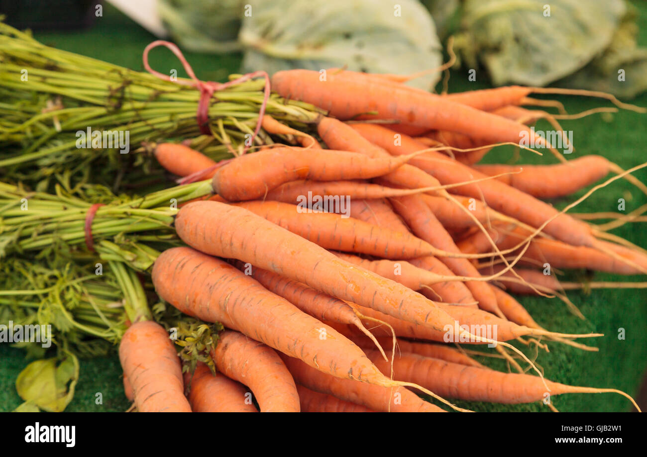 Orange carote coltivate e raccolte nel sud della California e visualizzate in un mercato degli agricoltori. Foto Stock