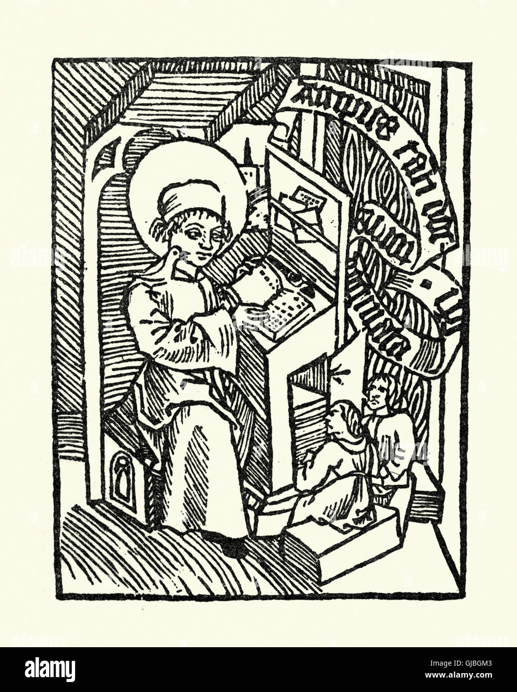 San Gregorio istruire due studiosi, Xilografia di Arnold di Colonia, dal Pharetra fidei catholice, c.1500. Foto Stock