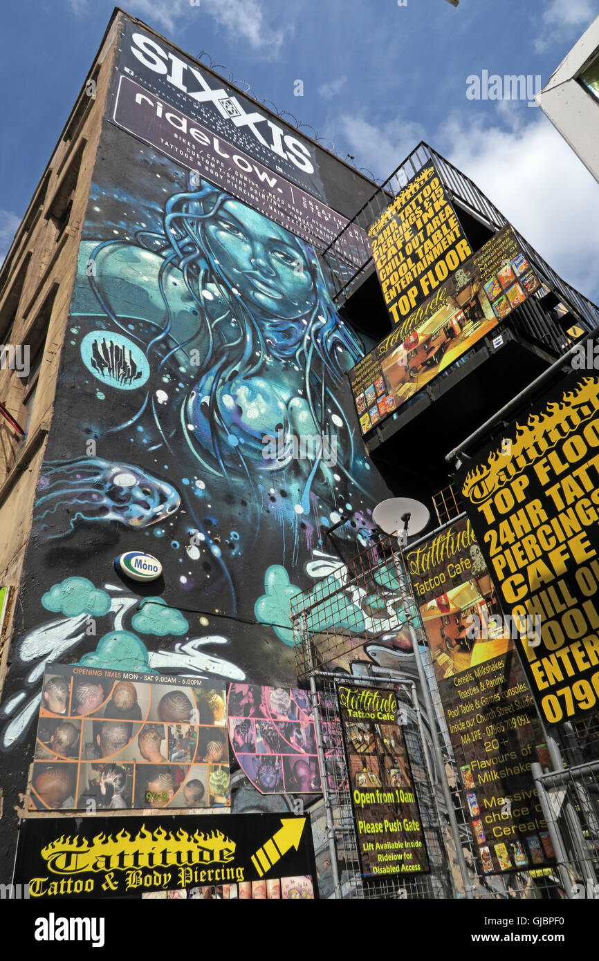 Northern Quarter Graffiti, Church St, Manchester, Lancashire, Inghilterra, Regno Unito, M1 Foto Stock
