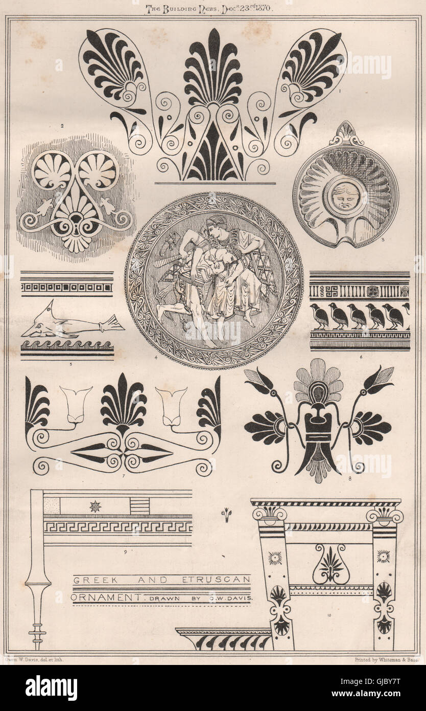 Etrusca e greca ornamento; disegnato da O.W. Davis. Grecia antica stampa 1870 Foto Stock