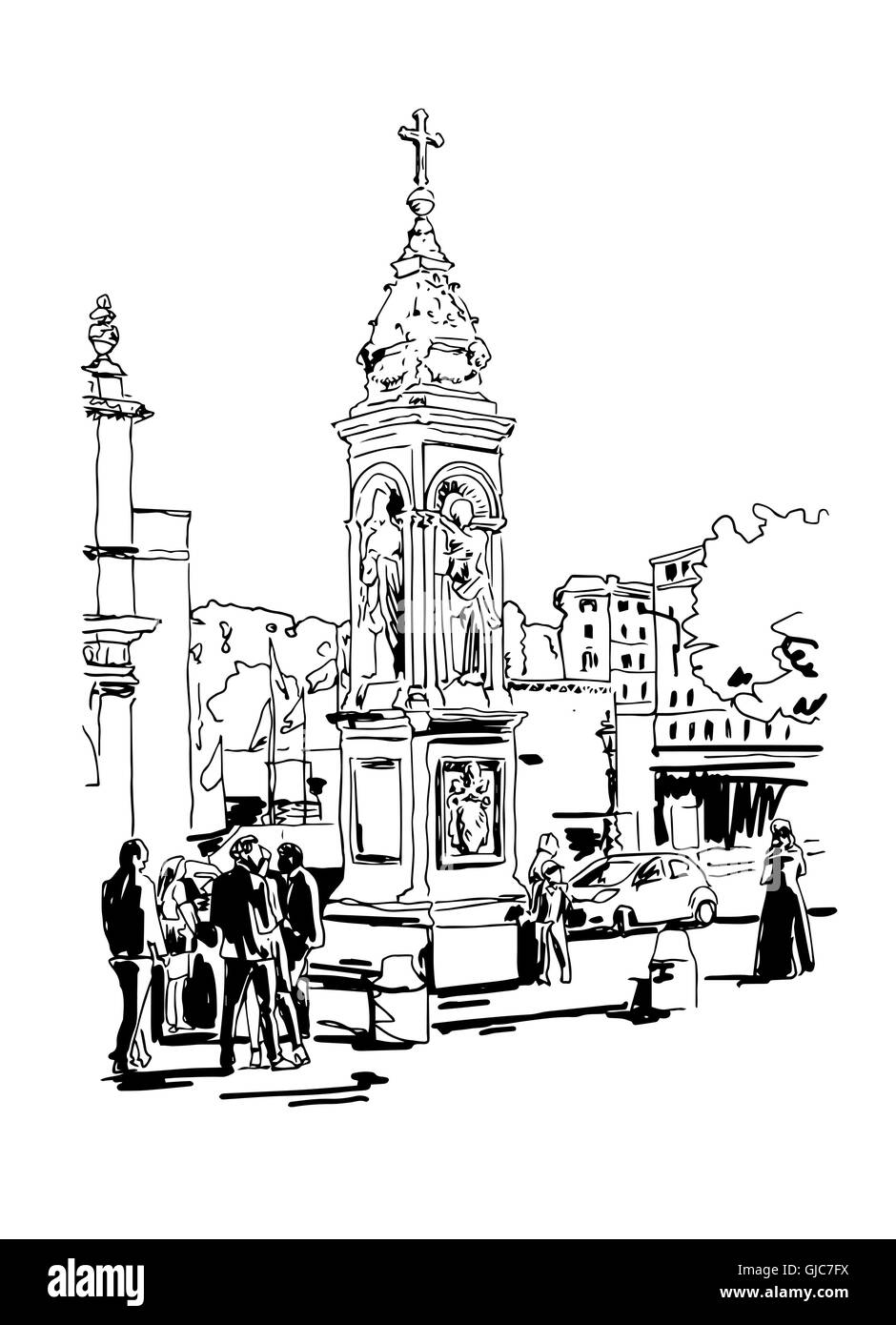 In bianco e nero di disegno carta di viaggio da Roma Italia, vecchio italiano Illustrazione Vettoriale