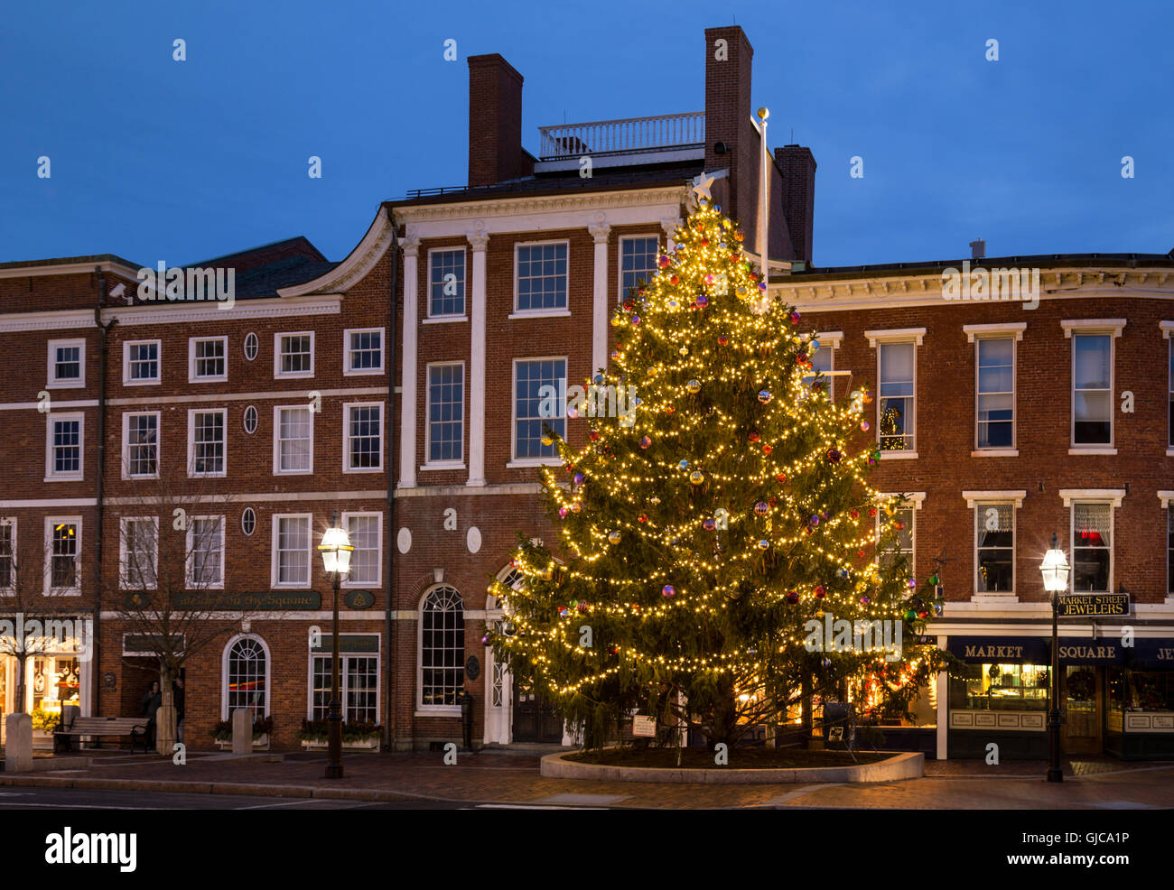 Portsmouth albero di Natale sulla piazza del mercato, Portsmouth, New Hampshire Foto Stock