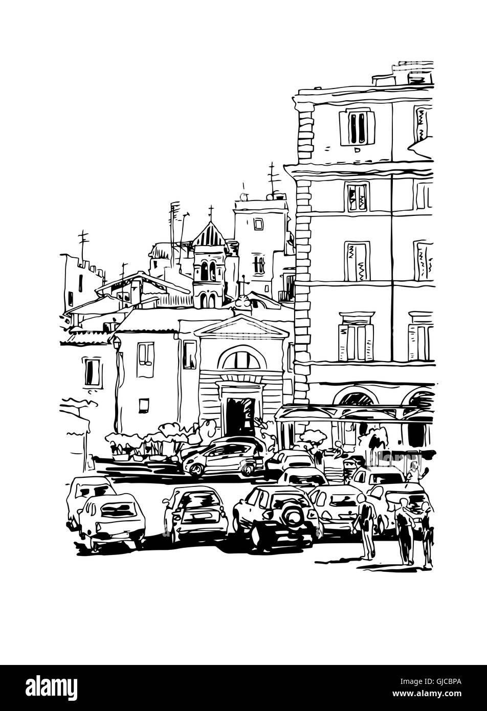 Originale freehand bianco e nero schizzo di inchiostro carta di viaggio da Ro Illustrazione Vettoriale