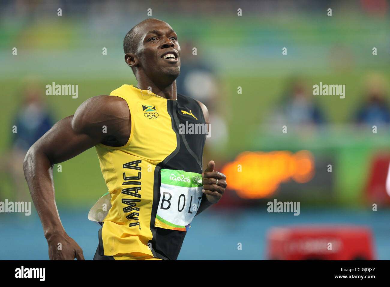 Rio De Janeiro, Rio de Janeiro, Brasile. 14 Ago, 2016. RJ - Olimpiadi/atletica - sport - l'atleta giamaicano Usain Bolt vince il Uomini 100m dash del Rio 2016 Giochi Olimpici presso lo Stadio Olimpico, a Rio de Janeiro domenica Credito: Geraldo Bubniak/ZUMA filo/Alamy Live News Foto Stock