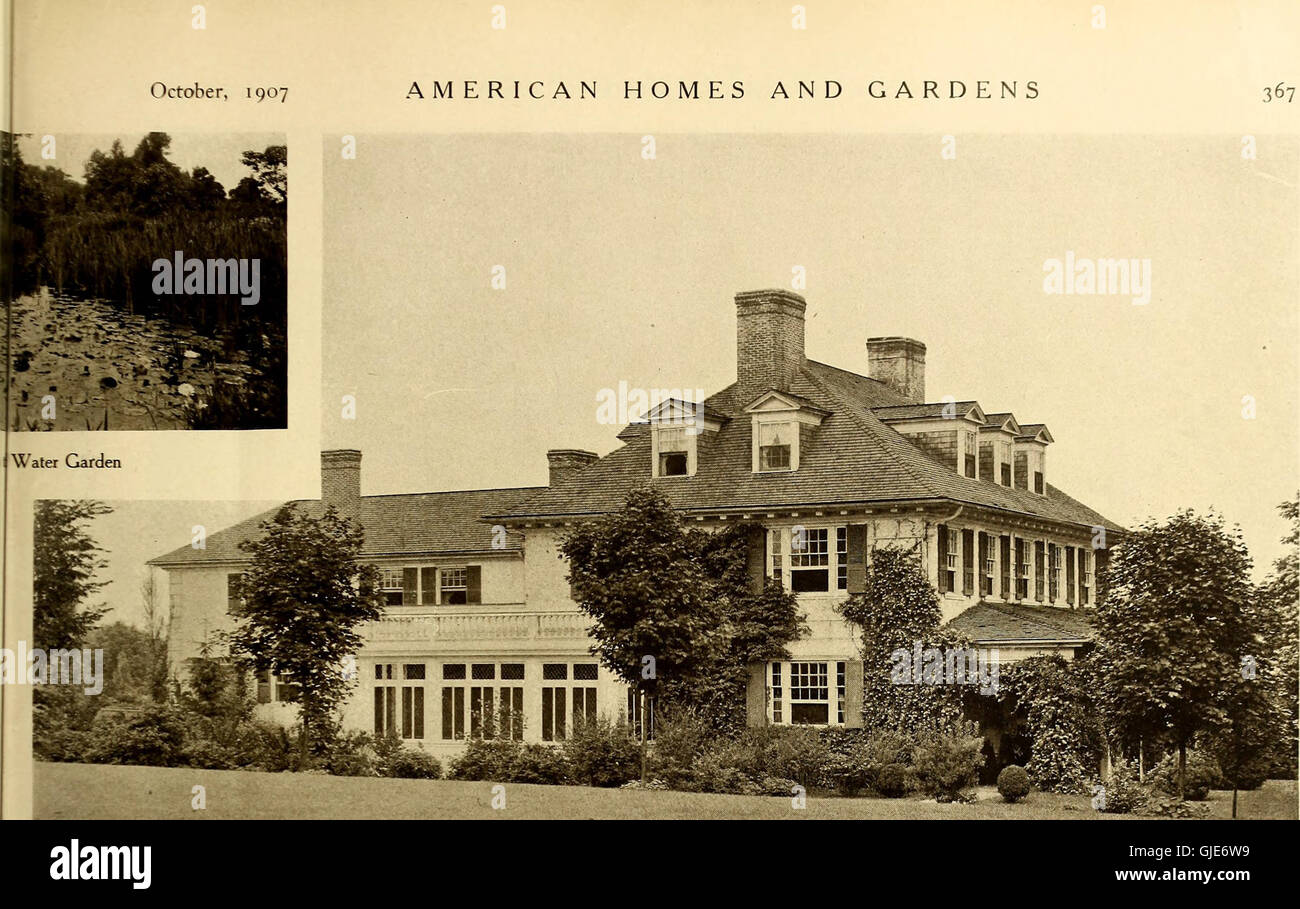 Questa pubblicazione del 1907 presenta varie case e giardini americani, che mostrano gli stili architettonici e paesaggistici dell'epoca. Mette in evidenza i progetti in evoluzione nella costruzione di case e nella disposizione del giardino nell'America dei primi anni del XX secolo. Foto Stock