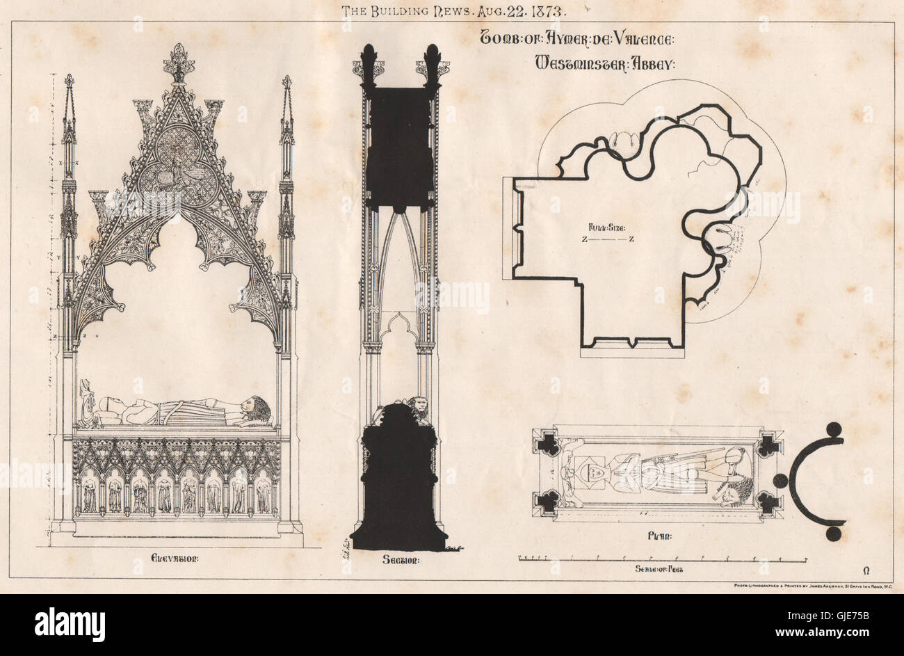 Tomba di Aymer de Valence, Westminster Abbey. Londra, antica stampa 1873 Foto Stock