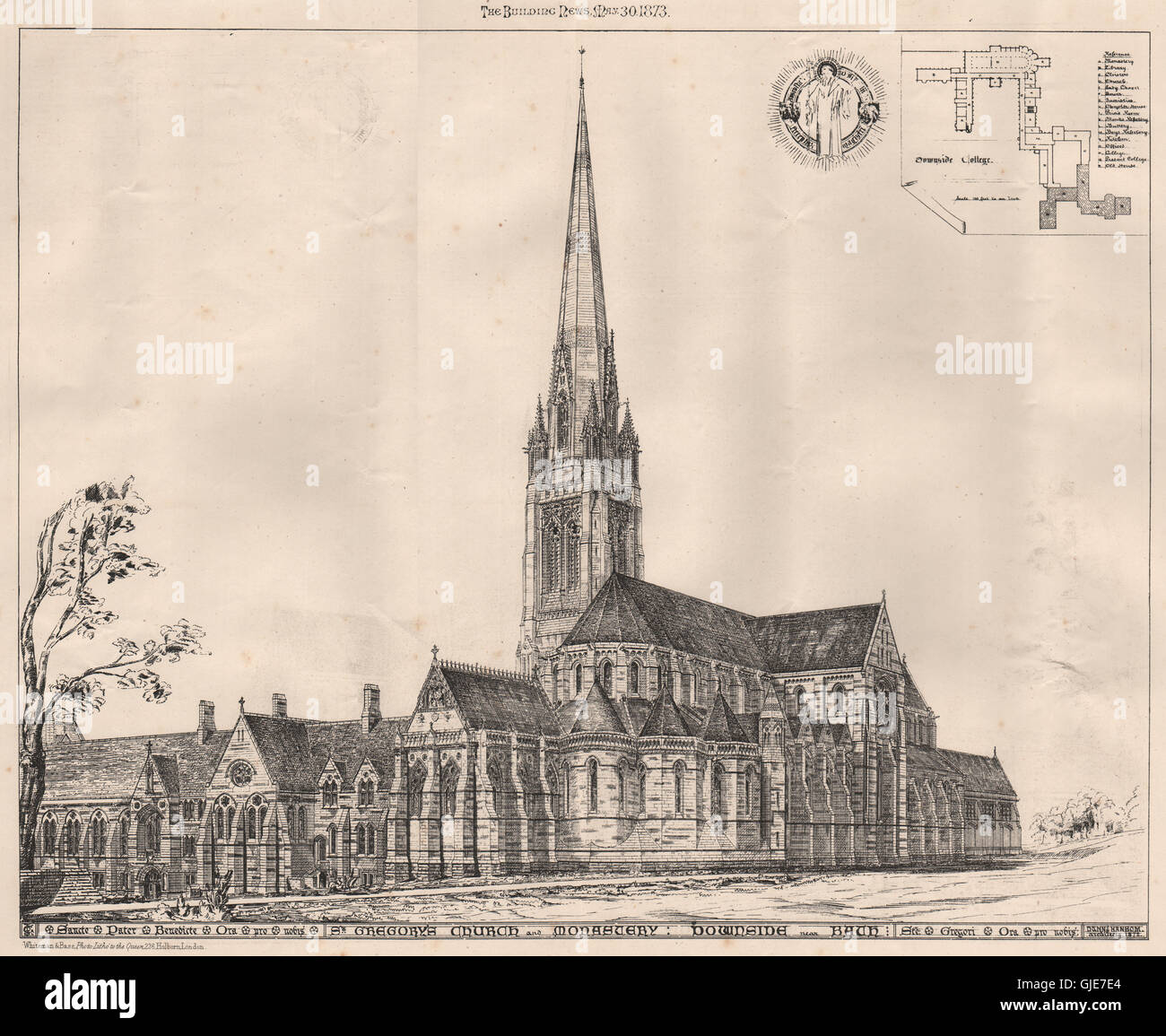 San Gregorio Magno la Chiesa e il monastero e al ribasso, nr torna, Somerset, antica stampa 1873 Foto Stock