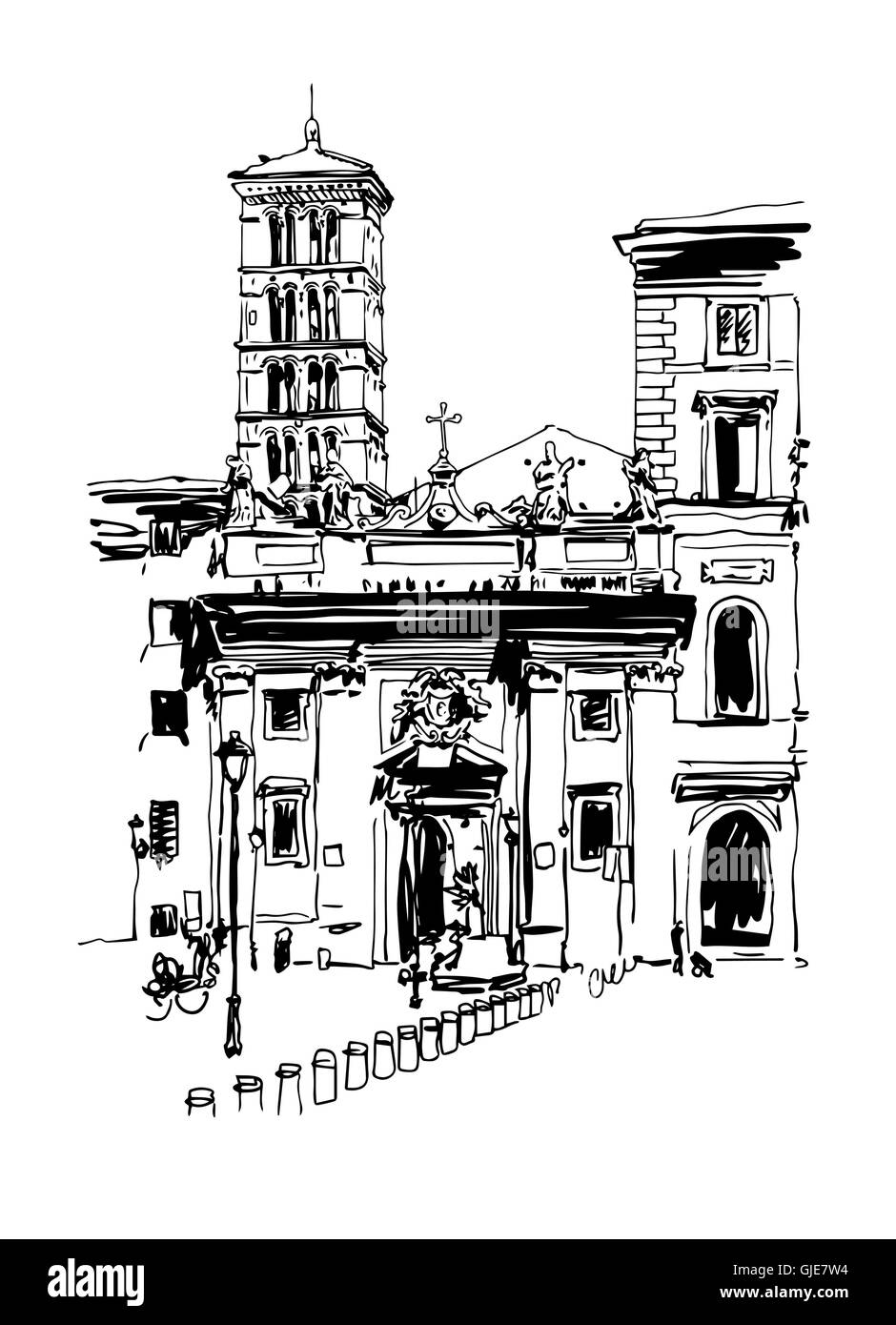 Originale freehand in bianco e nero di disegno carta di viaggio da Roma Illustrazione Vettoriale